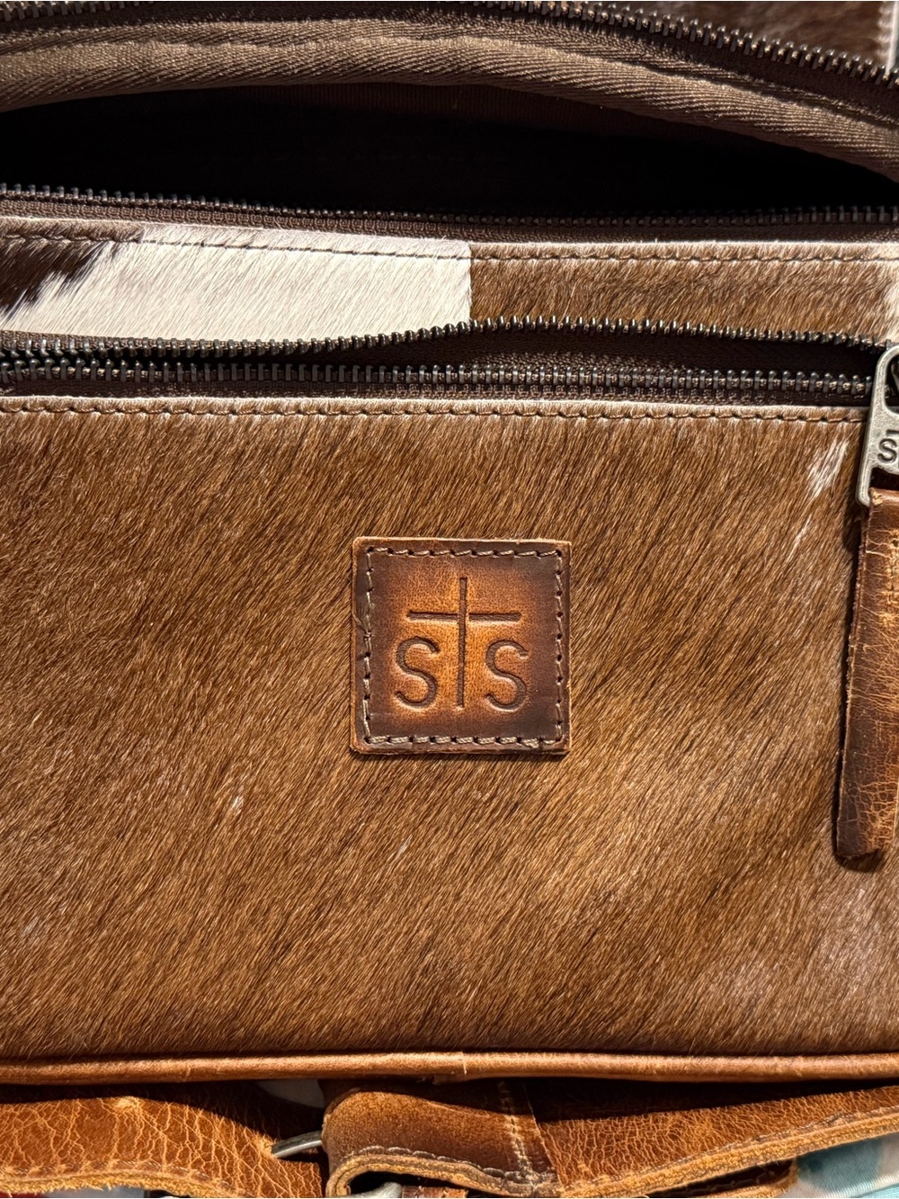 STS Ranchwear Brown and Cream Haircalf Satchel